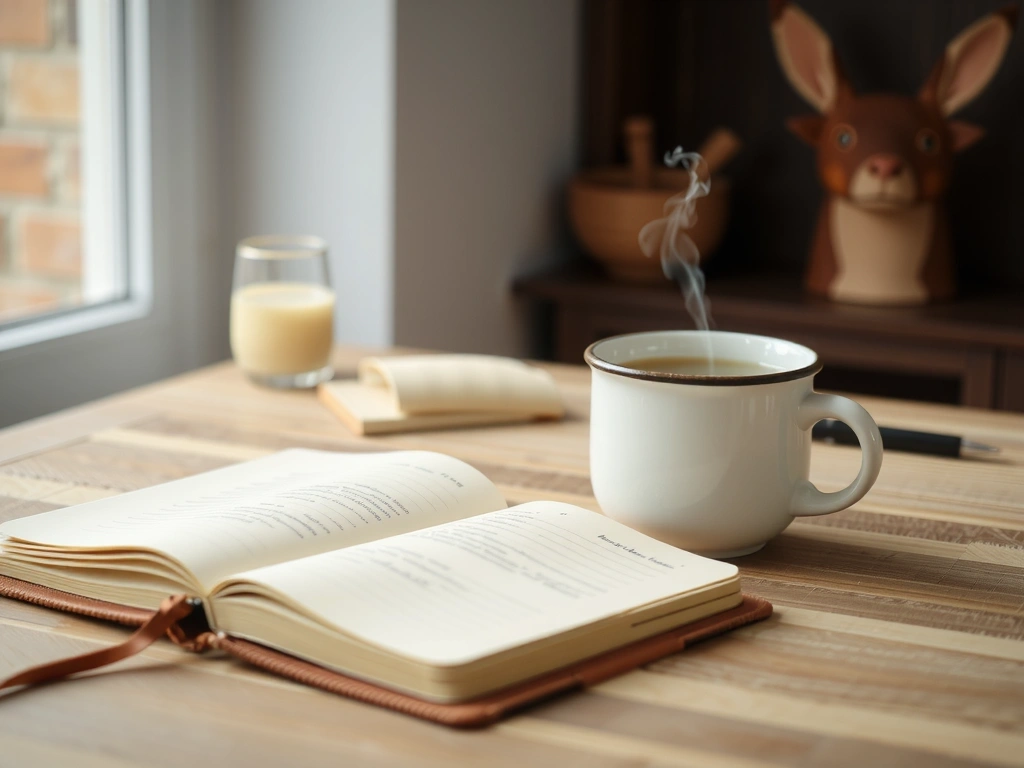 Inredning med anteckningsbok och te